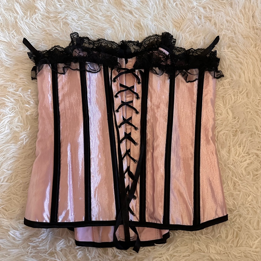 Elegant Pink Corset with Black Lace Trim
